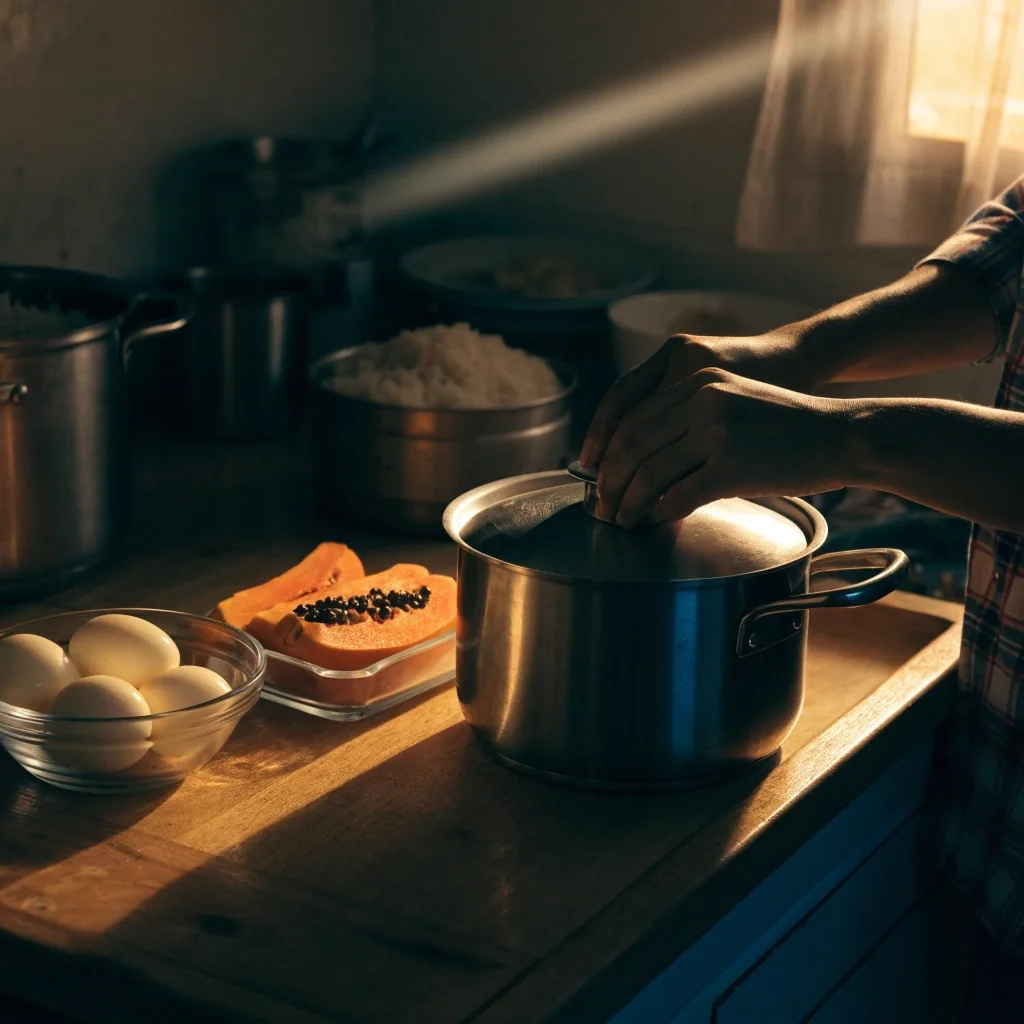 Menyiapkan telur rebus dan potongan buah di dapur pada malam sebelumnya