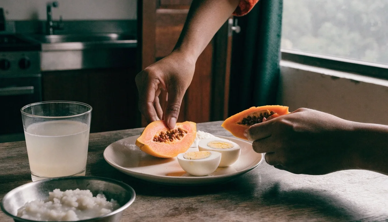 Penjual bubur ayam menyendok porsi sarapan di warung pada pagi hari