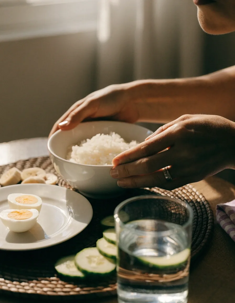 Porsi sarapan kecil untuk anak sekolah berisi nasi, telur, dan potongan buah