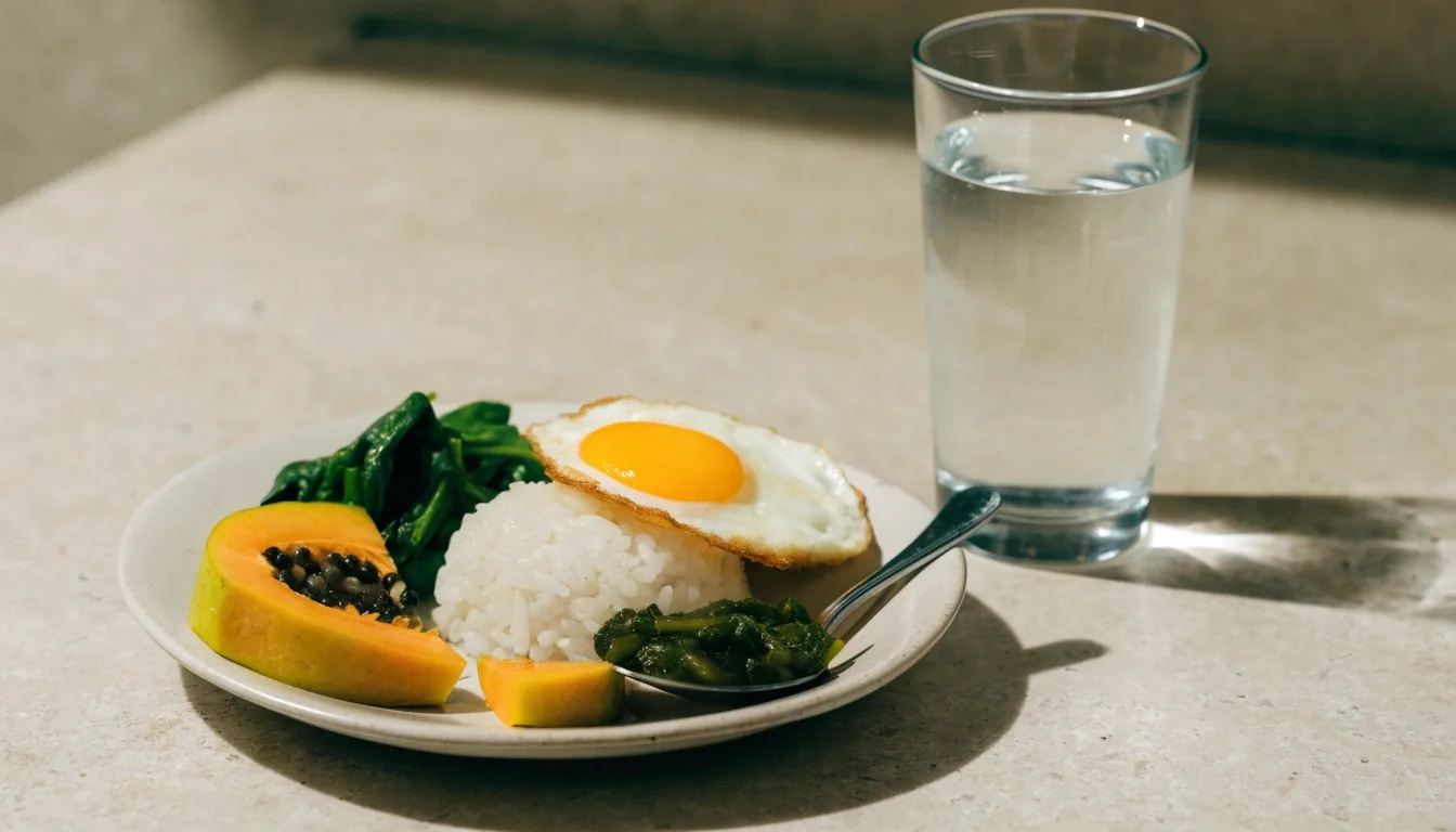 Satu porsi sarapan berisi nasi, telur, tumis sayur, dan potongan pepaya