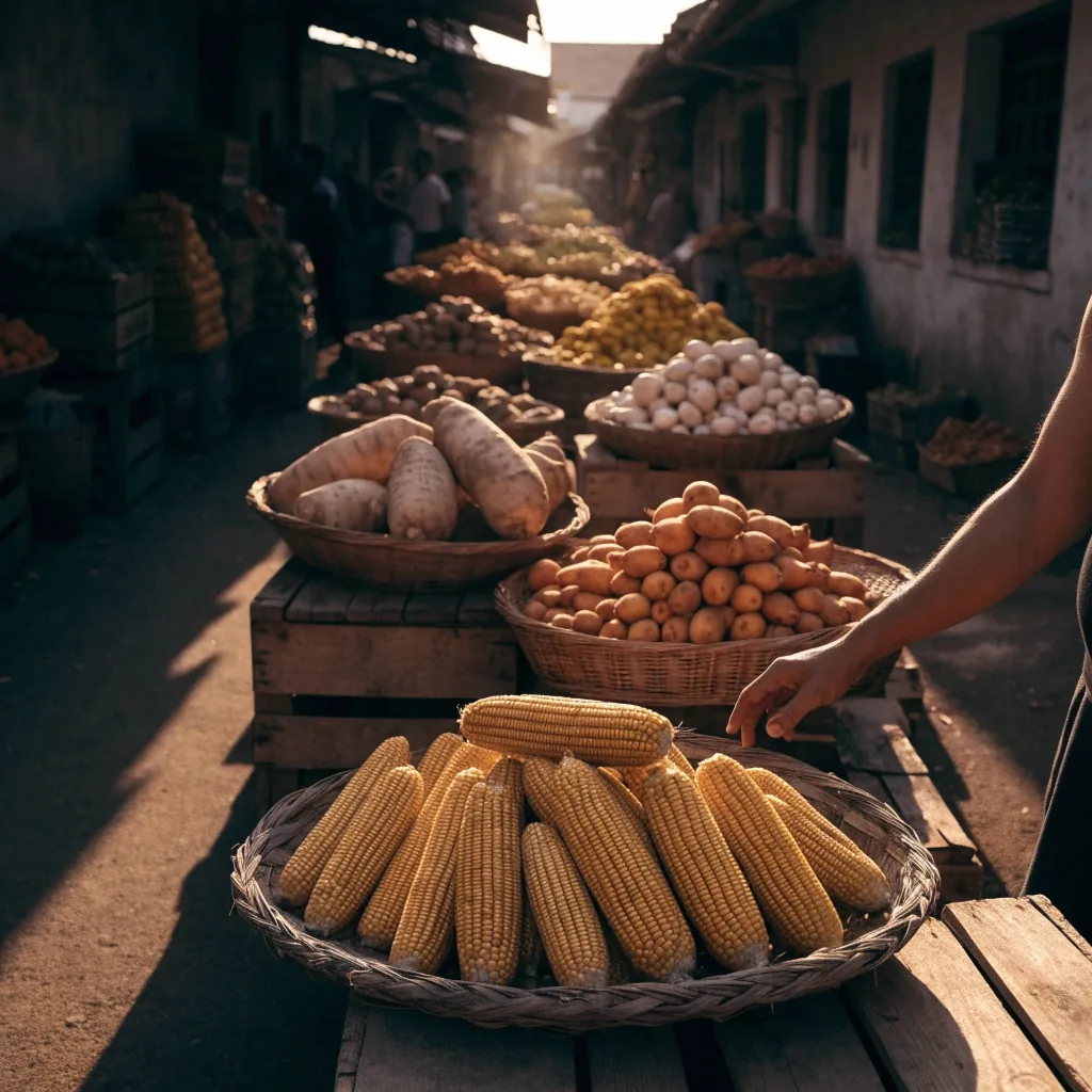 Keranjang jagung, ubi, dan singkong di sudut pasar tradisional pada sore hari