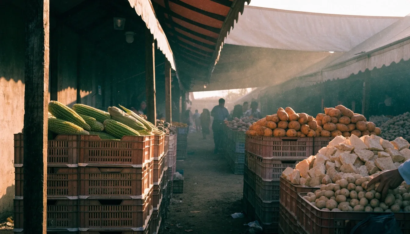 Koridor pasar dengan peti jagung dan umbi-umbian pada golden hour