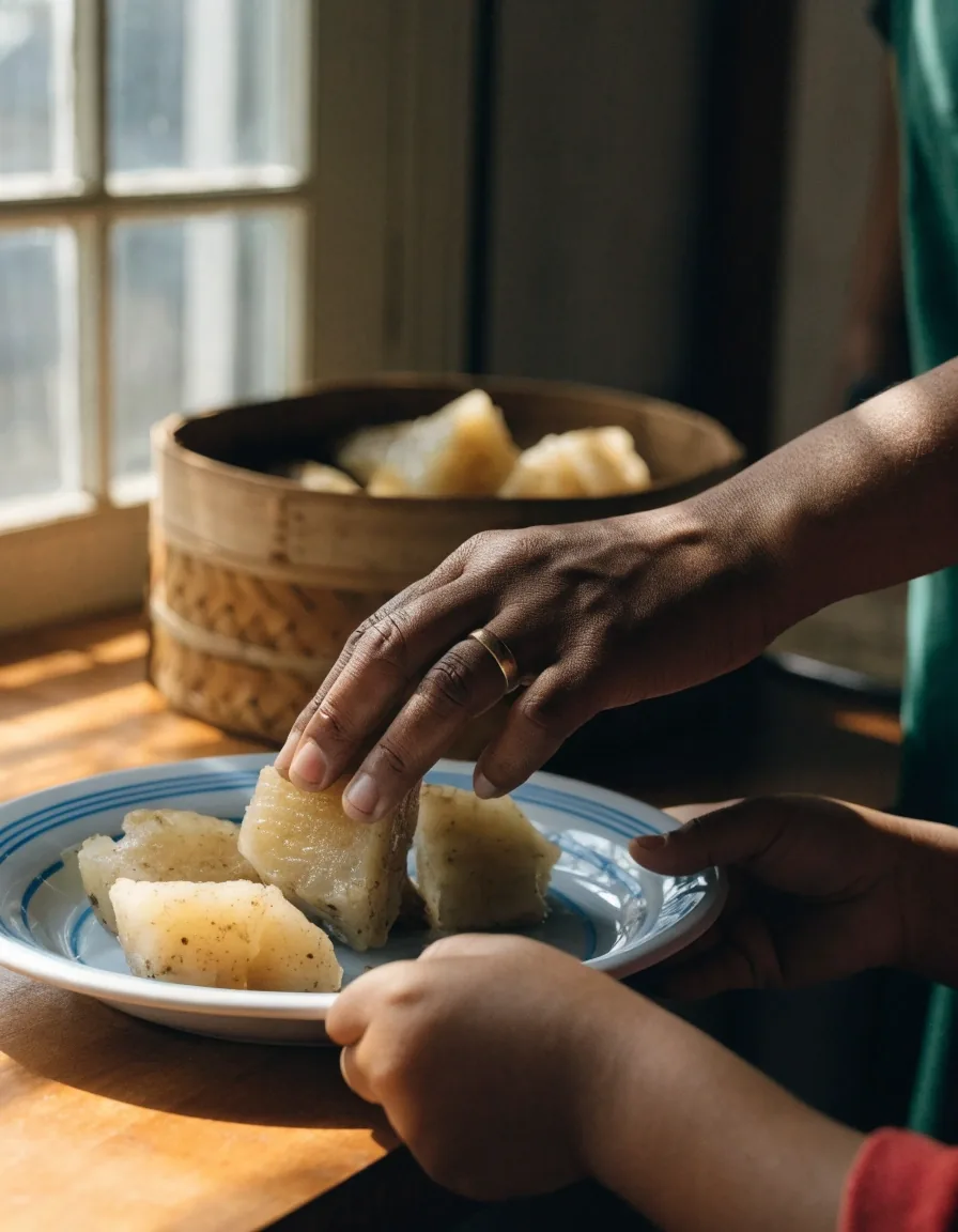Meja sarapan dengan ubi kukus, potongan buah, dan segelas air di dapur