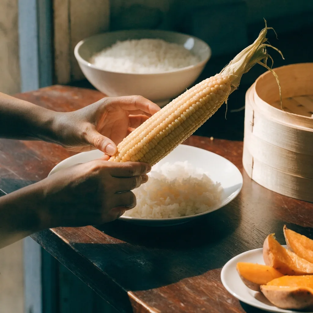 Piring makan dengan nasi, jagung, dan ubi kukus di atas meja batu