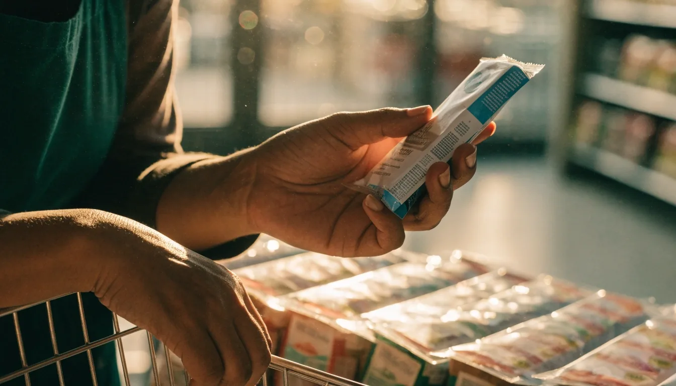 Ibu membandingkan dua kemasan jajanan di rak minimarket saat cahaya sore