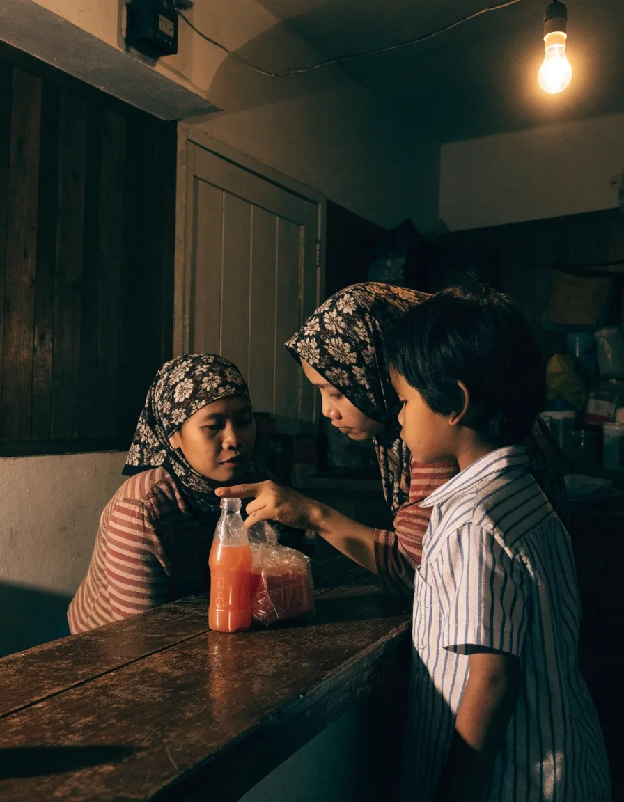 Ibu dan anak membandingkan dua minuman kemasan di warung