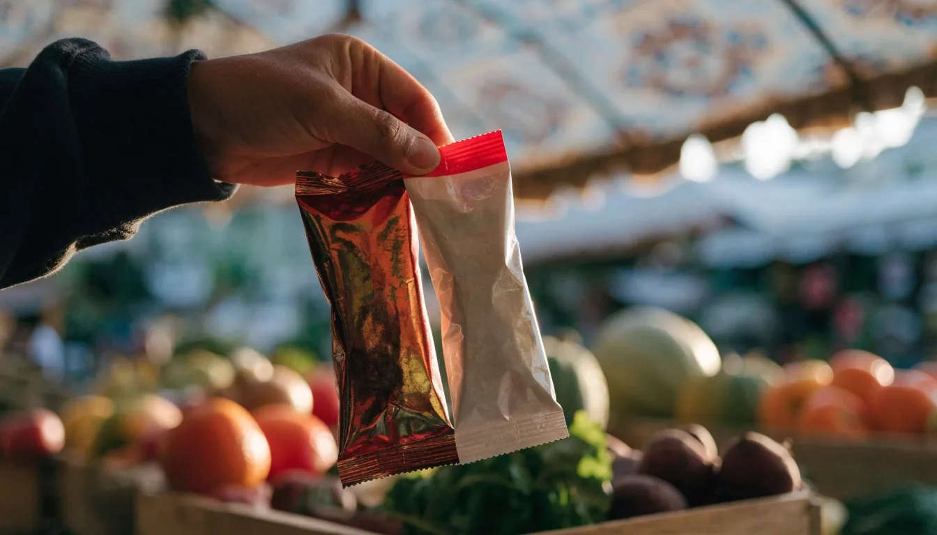 Tangan memilih jajanan kemasan kecil dari rak warung buah