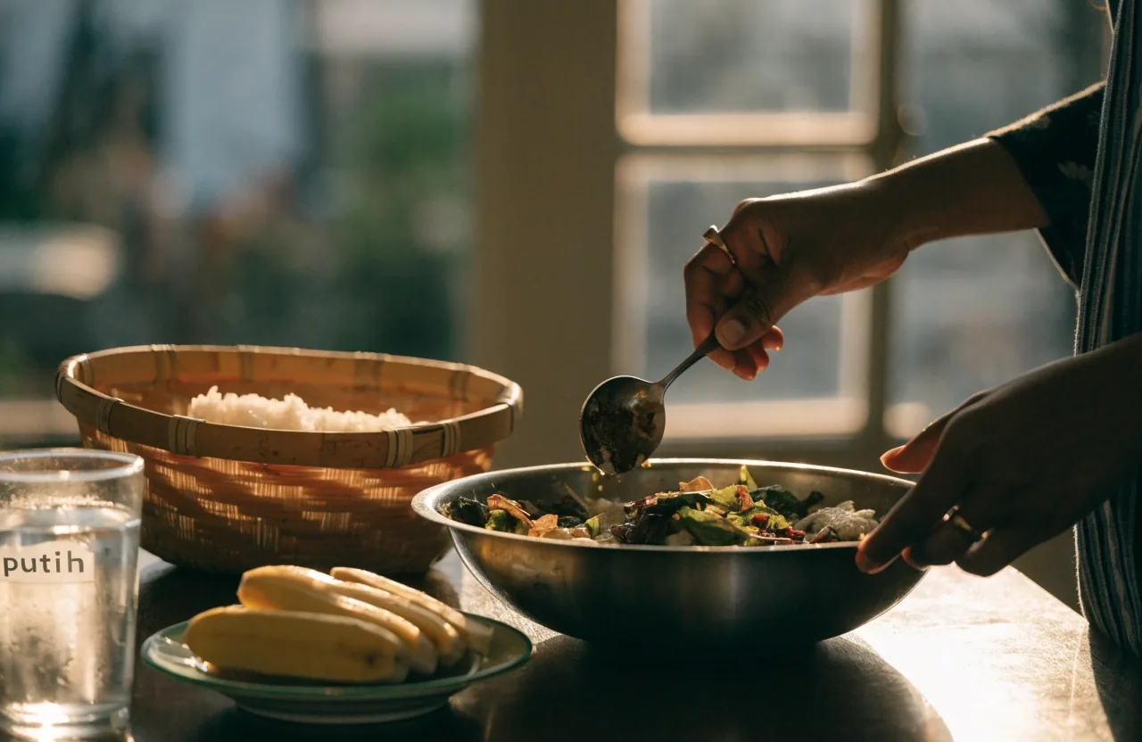 Meja dapur Indonesia setelah makan pagi dengan talenan, panci, dan segelas air