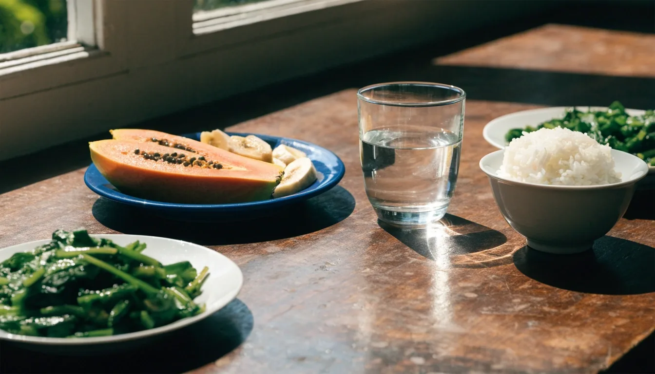 Meja sarapan keluarga Indonesia dengan piring buah, nasi, dan sayur di bawah cahaya pagi