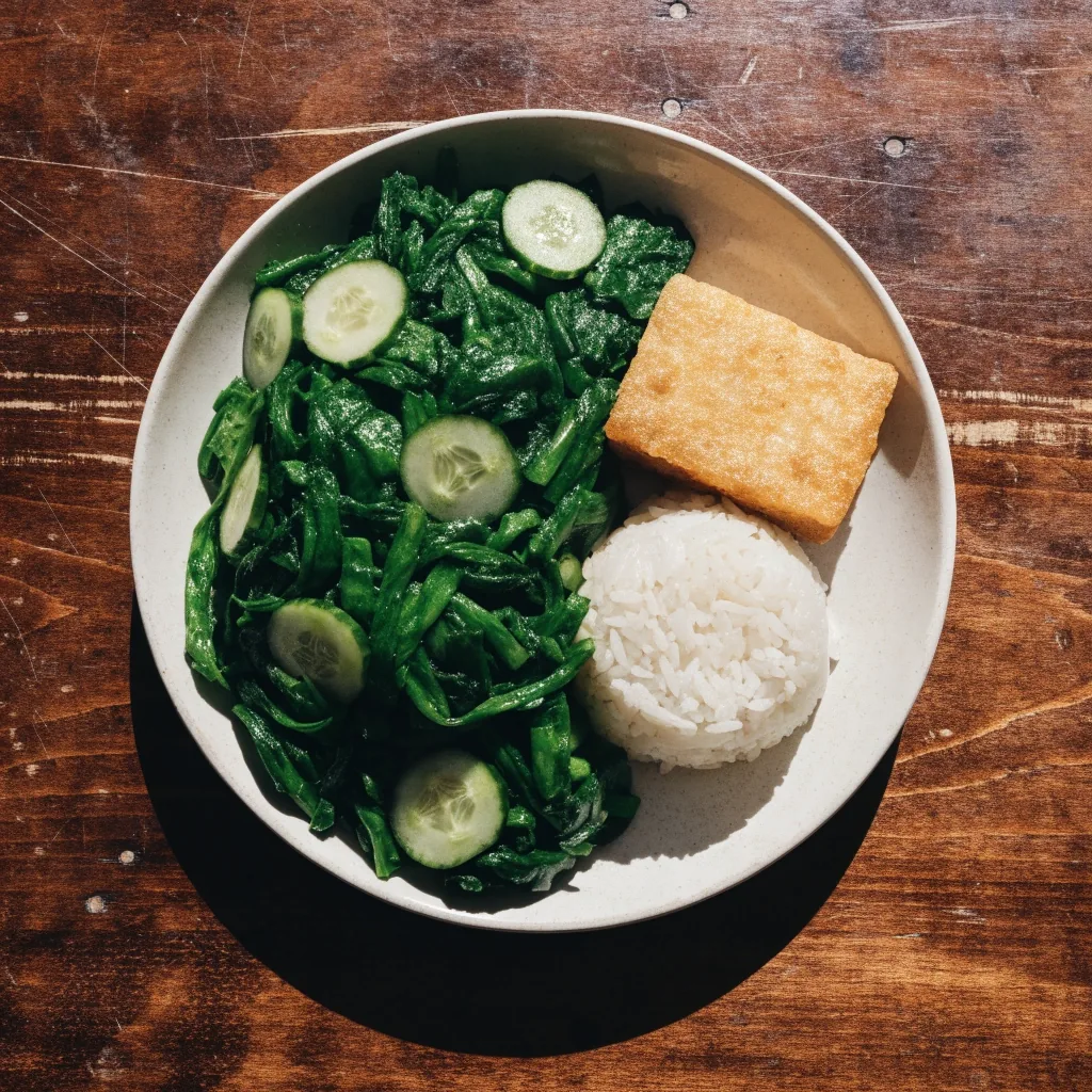 Satu piring makan seimbang dengan sayur, nasi, tempe, dan buah di atas meja kayu