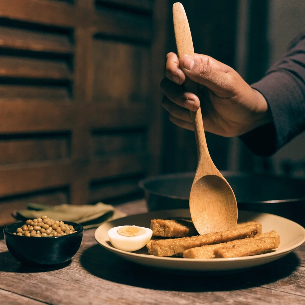 Tangan mengangkat sendok kayu di atas piring tempe goreng dan telur rebus