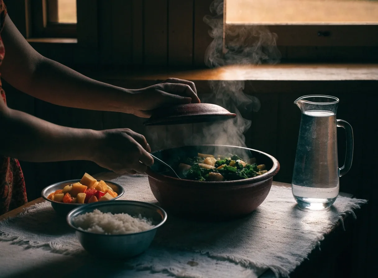 Dapur Diimunovit pada sore hari dengan cahaya hangat di atas meja batu