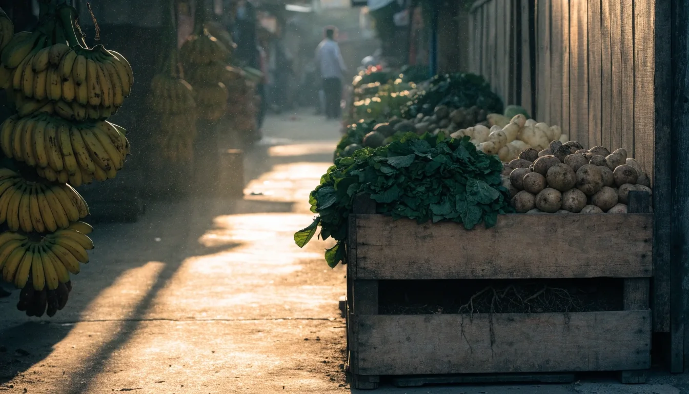 Koridor pasar basah di Jakarta saat menjelang sore dengan peti sayuran, umbi, dan buah berjajar