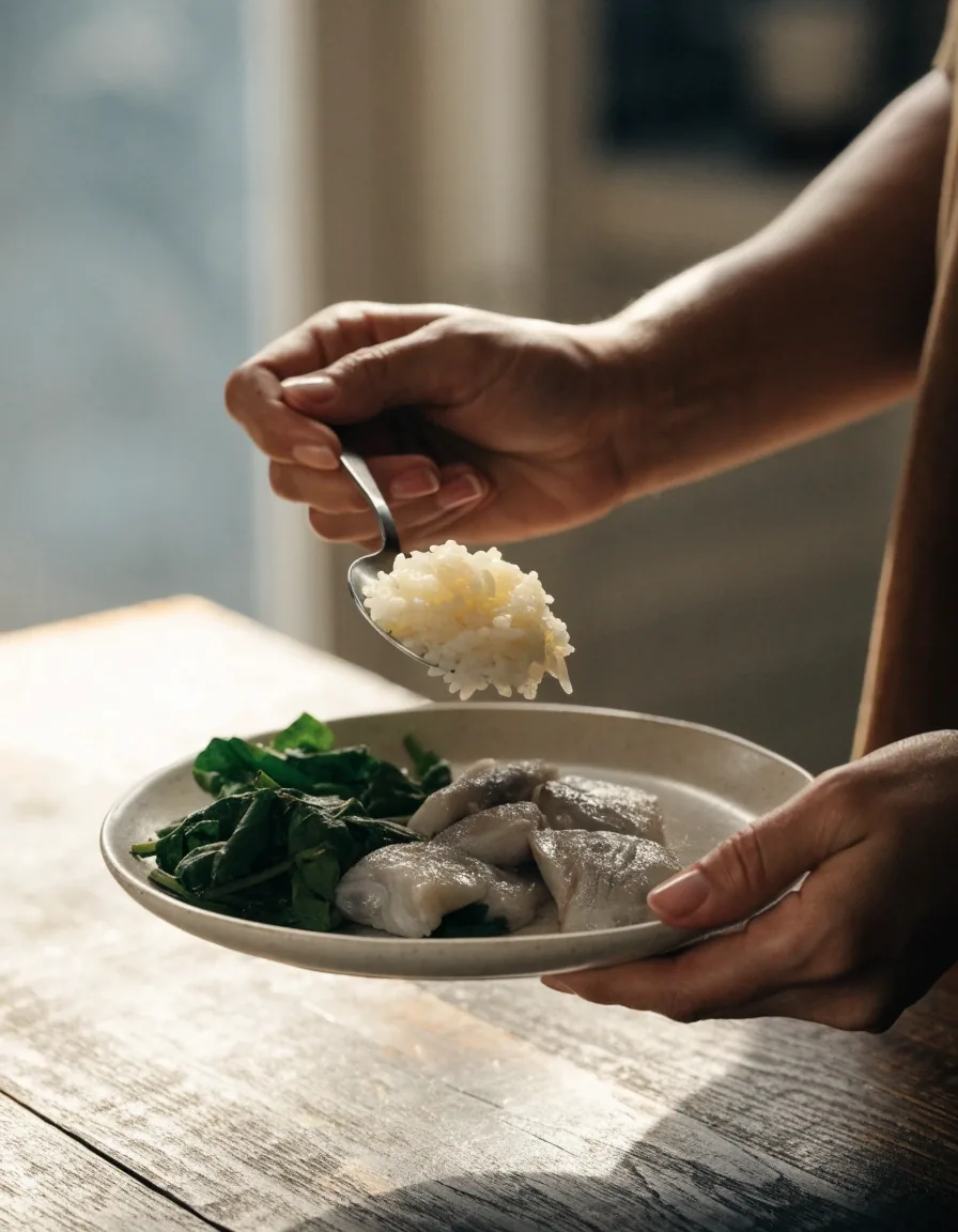 Piring makan seimbang berisi nasi, sayur hijau, dan lauk, difoto dari atas di atas meja batu