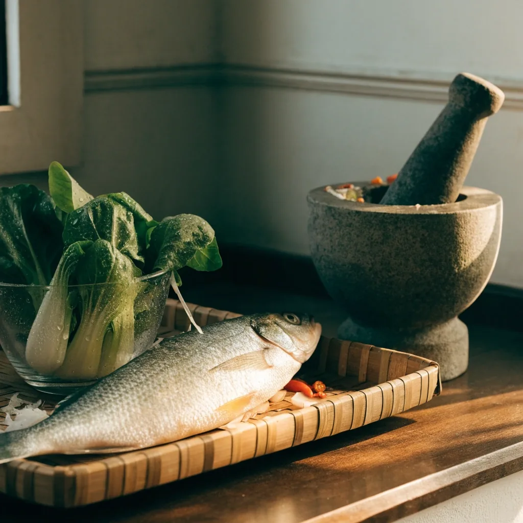 Sudut meja dapur kayu dengan talenan, pisau, dan jeruk nipis terbelah