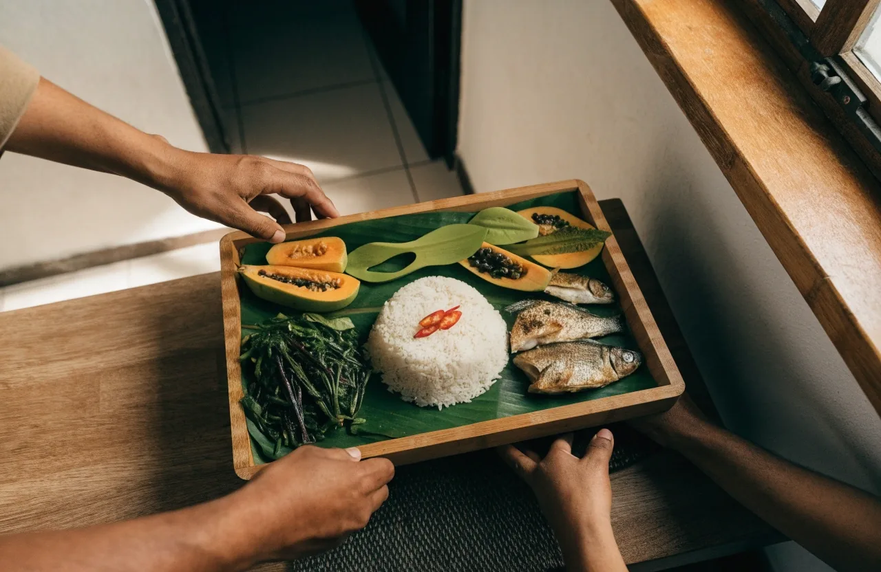 Dapur rumah di sore hari dengan meja kayu dan cahaya hangat menerpa meja batu